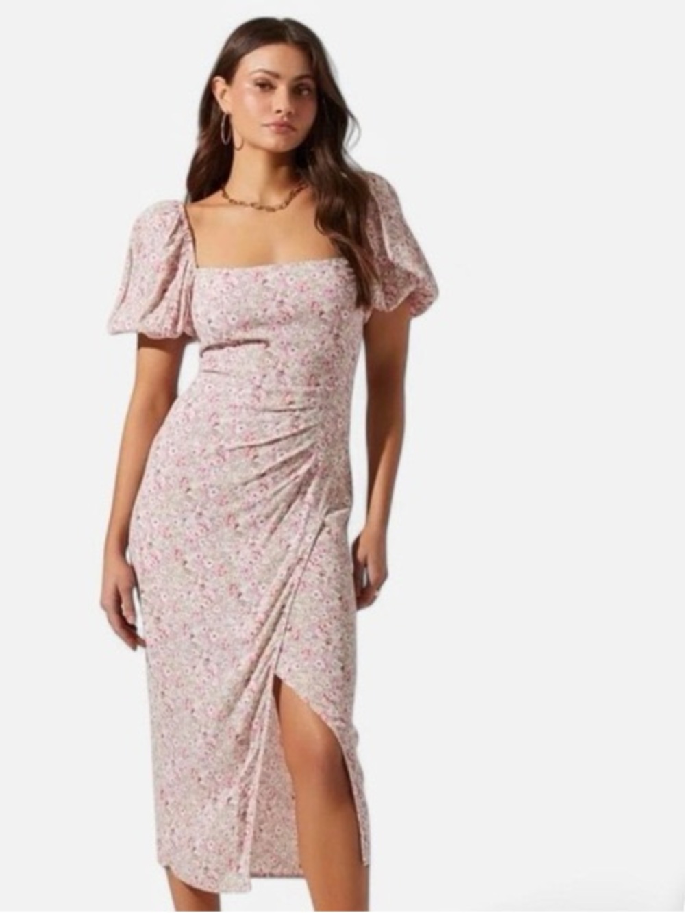 ASTR the Label Pink Ditsy Floral Puff Sleeve Midi Dress